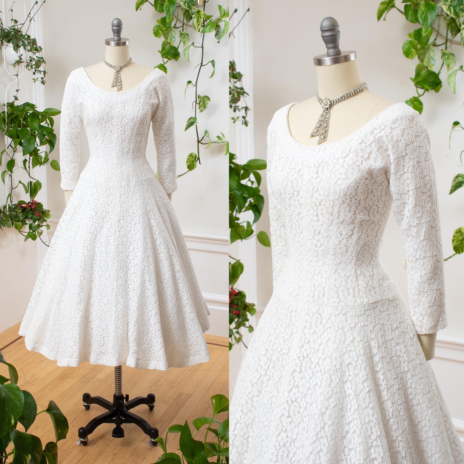 Vintage 1950s Wedding Gown 50s White Lace Full Skirt Midi Minimalist Dress